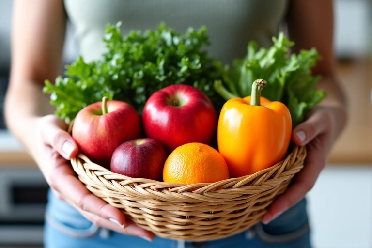 Eine Person, die frisches Obst und Gemüse in einem Korb hält, symbolisiert gesunde Ernährung.