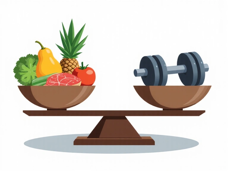 Illustration einer Waage, die im Gleichgewicht ist, um erfolgreiches Gewichtsmanagement zu symbolisieren, umgeben von gesunden Lebensmitteln.