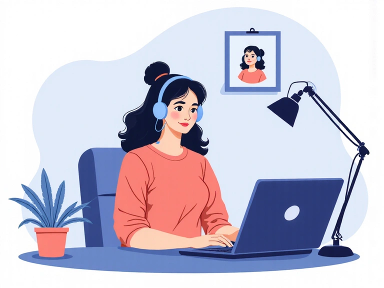 Illustration einer Person, die über einen Laptop an einem Videoanruf teilnimmt, mit einem Mikrofon und Kopfhörern, in einer ruhigen Heimumgebung.