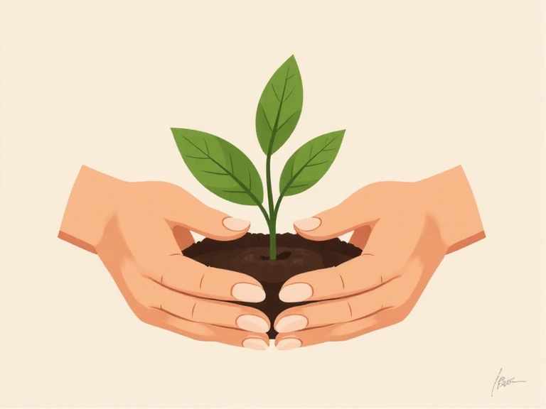 Illustration von sanften Händen, die einen jungen Trieb halten, symbolisiert Unterstützung und Gesundheit, ohne medizinische Symbole.