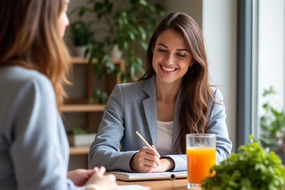 Eine Frau, die Notizen während einer Ernährungsberatung macht.